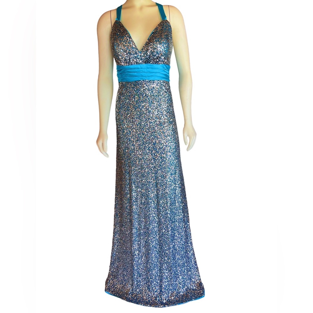PROM DRESS B'DAZZLE TURQUOISE BLUE SEQUIN GOWN DRESS SZ 12